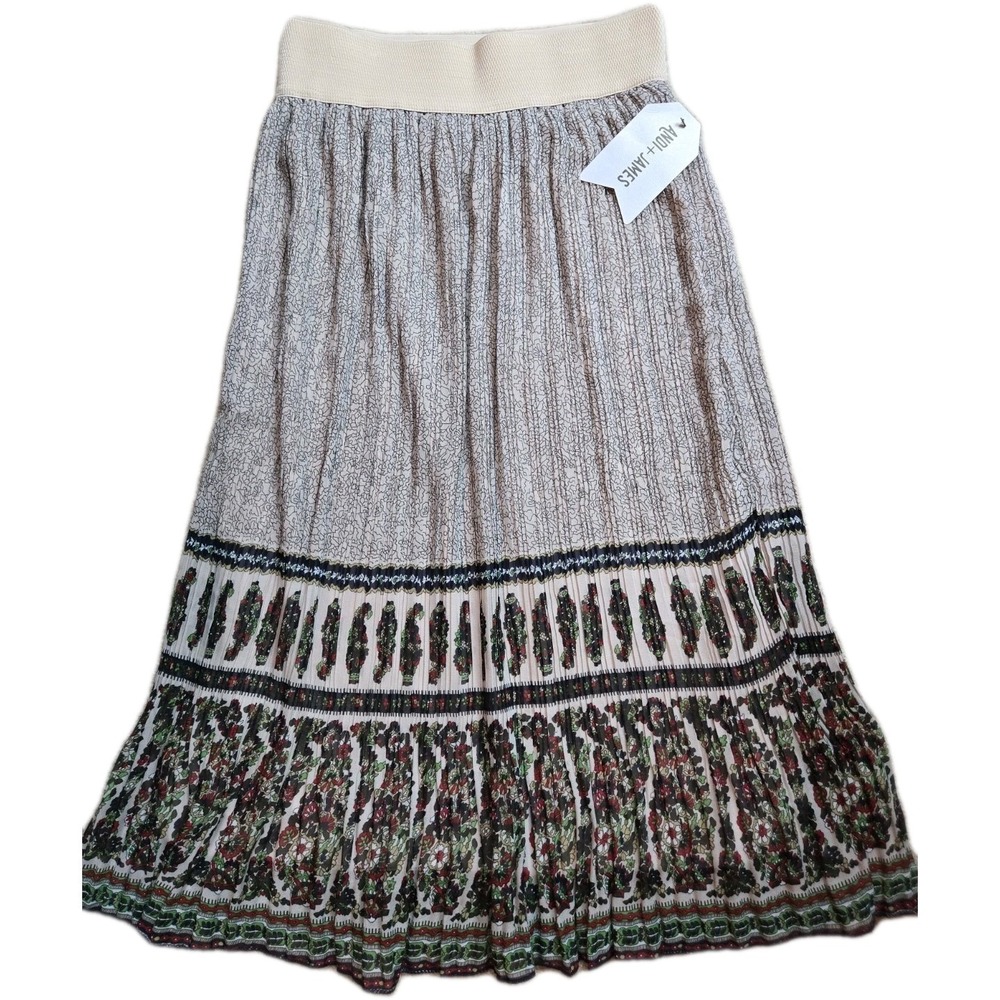NEW ANDI + JAMES Sz S A-Line Skirt Pleated Beige Geometric‎ Paisley Hem Lined